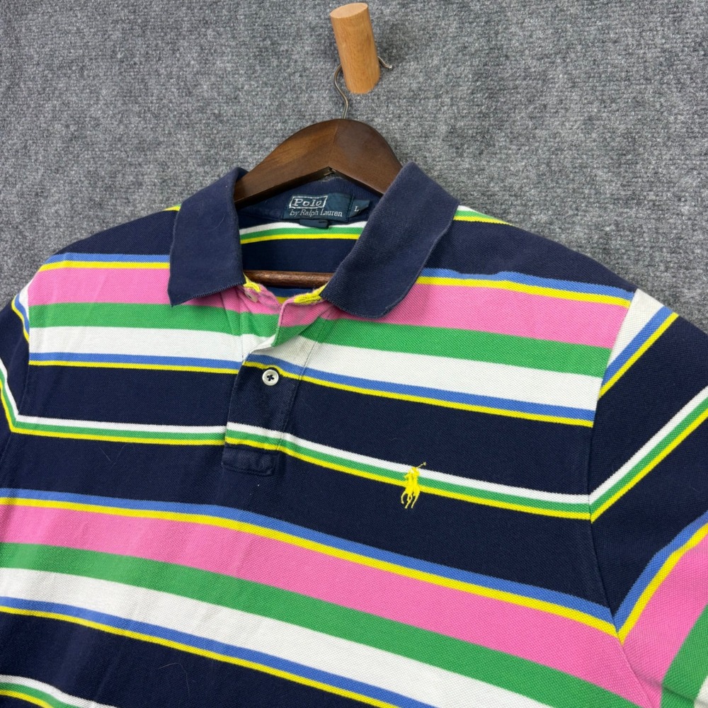 Polo Ralph Lauren Polo Shirt Mens L Navy Pink Green Striped Pony Logo 0628